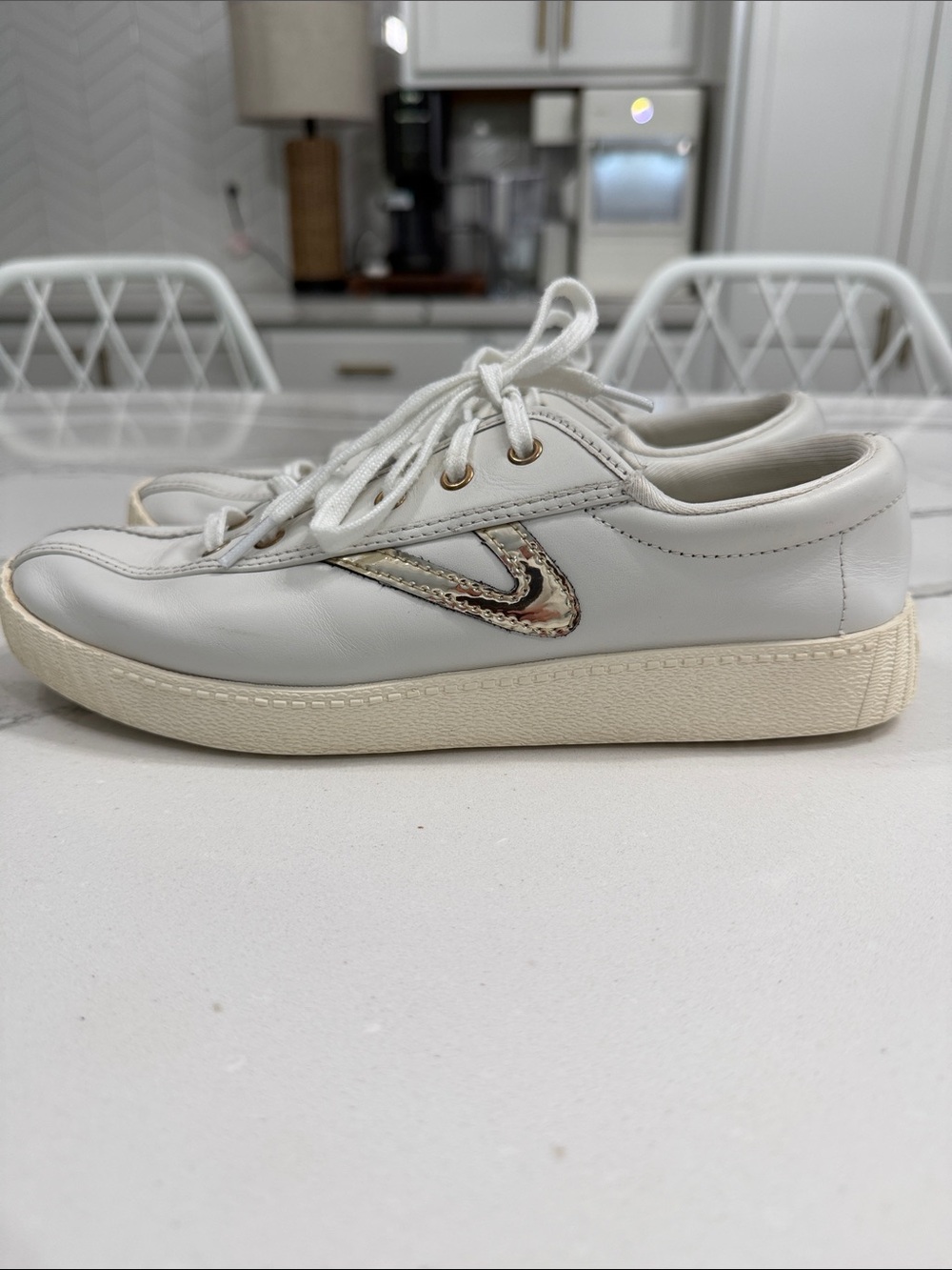 Tretorn Nylite 2 Plus Leather Sneakers in Vintage White and Gold-7.5